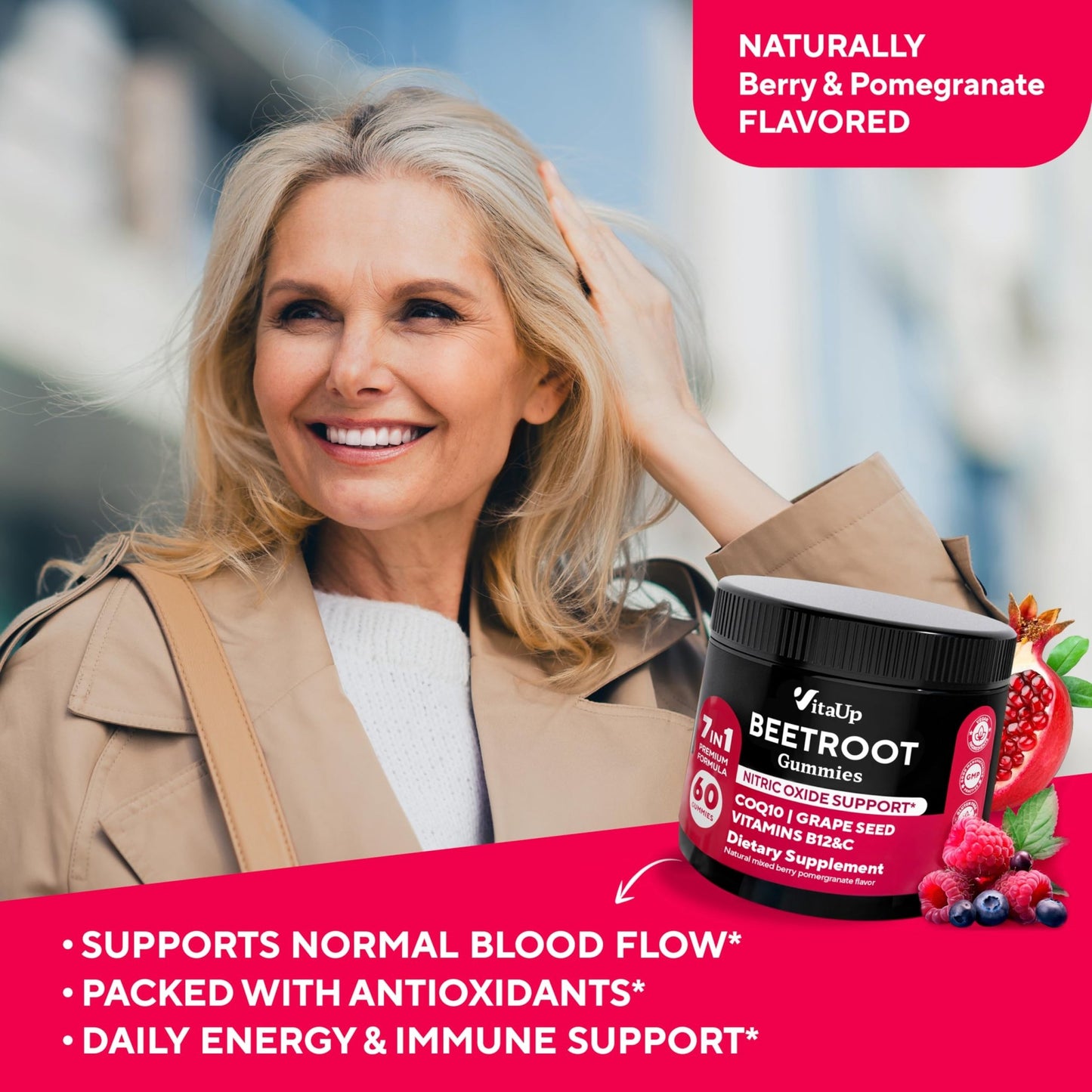 VitaUp Beet Root Gummies – Beetroot Gummies with CoQ10, Grape Seed, Vitamin C, B12 & B3 – Nitric Oxide Gummies for Circulation Support – Beet Supplement for Energy - dailyvitalstore