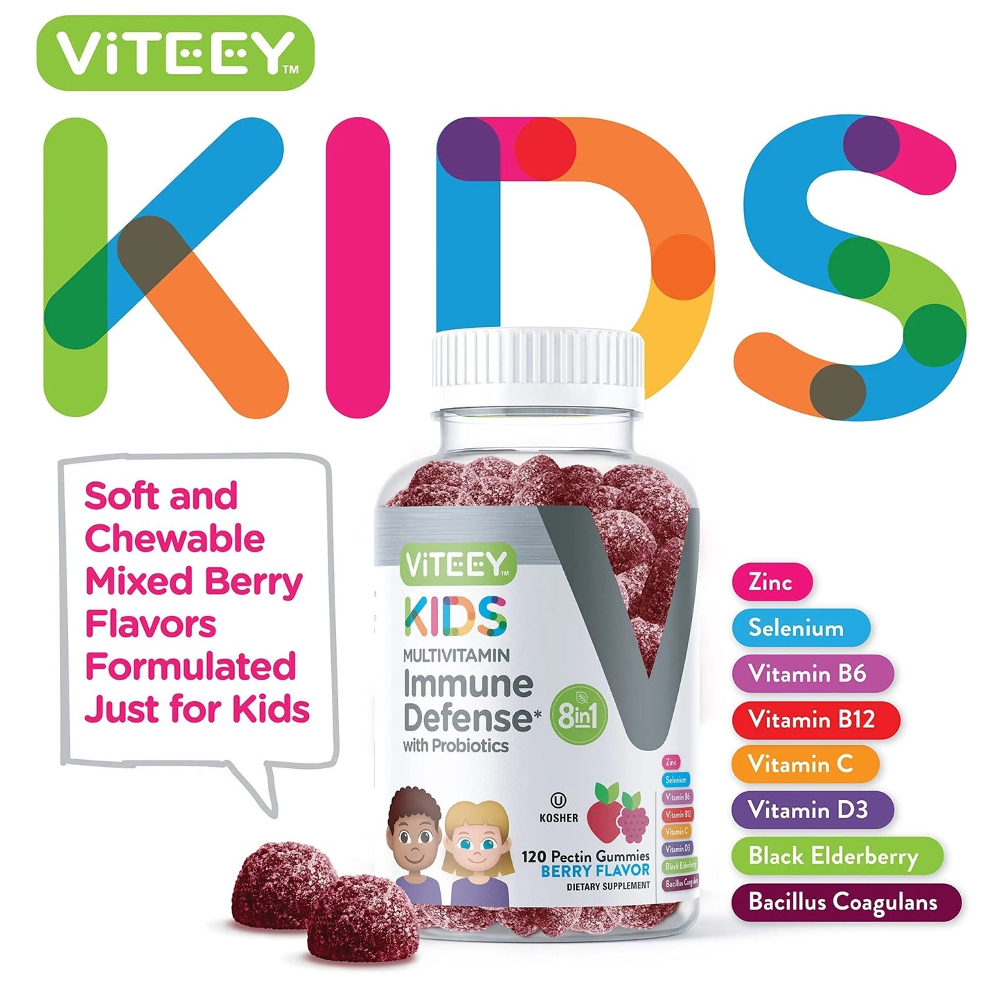 Viteey Kids Multivitamin Gummies with Probiotics - 8-1 Kids Vitamins for Immune Health Support with Vitamin C, D3, B12, B6 - dailyvitalstore
