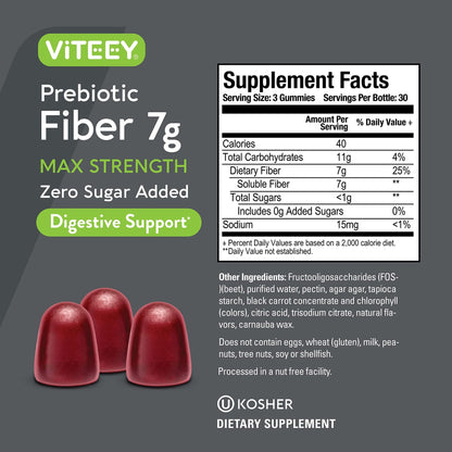 VITEEY Prebiotic Fiber Gummies for Adults, 7g - Gut Health & Digestive Soluble Fiber Supplement Gummies - Zero Sugar Added, Vegan, Gluten-Free - 180 Count - dailyvitalstore