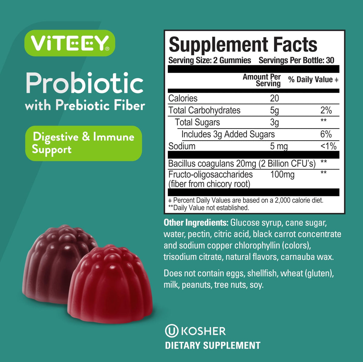 Viteey Probiotic Gummies with Prebiotics – Gut Health Supplements for Digestive Health – 2 Billion CFUs – Vegan, Gluten-Free – 60 Count - dailyvitalstore