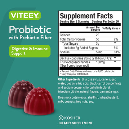 Viteey Probiotic Gummies with Prebiotics – Gut Health Supplements for Digestive Health – 2 Billion CFUs – Vegan, Gluten-Free – 60 Count - dailyvitalstore