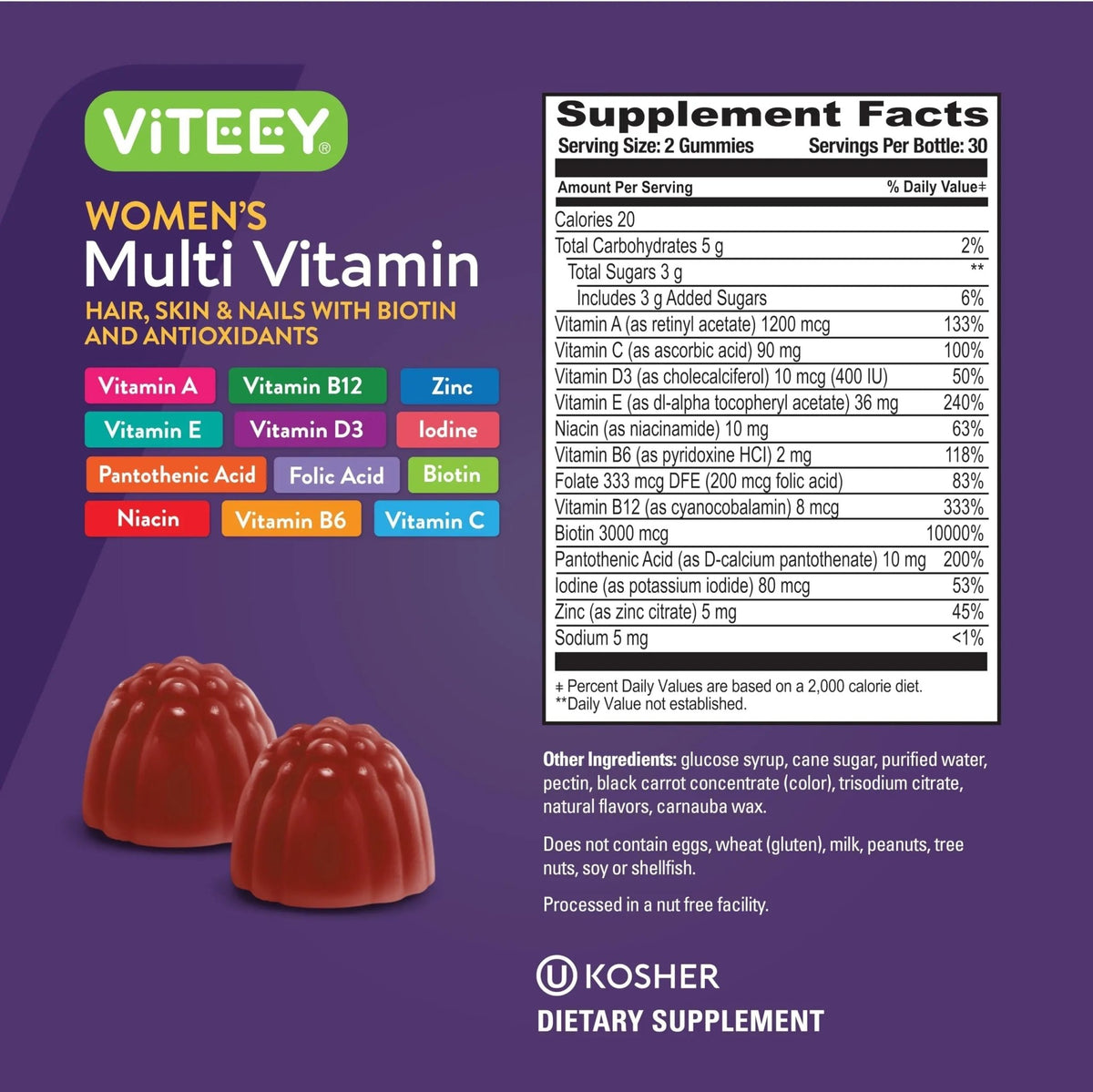 Viteey Womens Multivitamin Gummies - Immune Support - 12 in 1 Essential Vitamins & Minerals - Vitamin A, C, D3, E, B6, B12, Folic Acid, Biotin, Calcium - dailyvitalstore