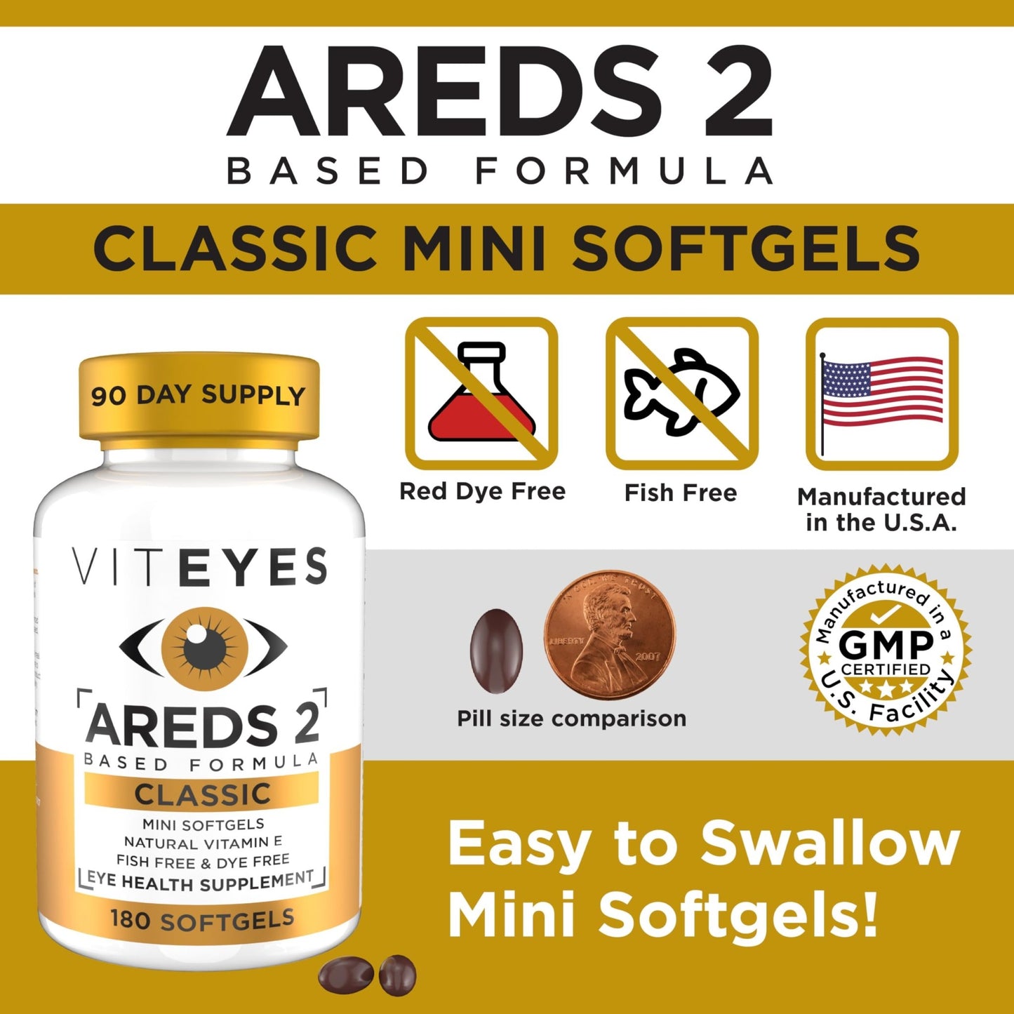 Viteyes AREDS 2 Classic Macular Health Formula Softgels, Eye Health Vitamin to Support Macular Health, Lower Zinc, Eye Vitamins, Macular Vitamins, Beta-Carotene Free, 180 Softgels - dailyvitalstore