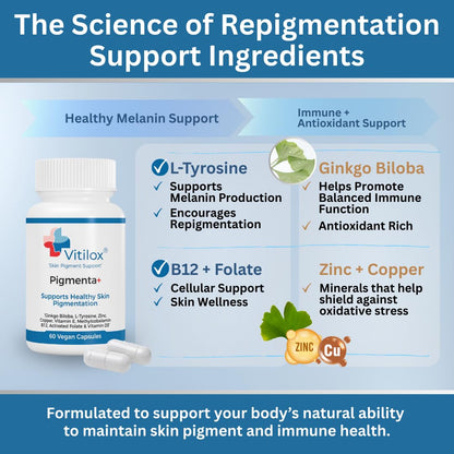 Vitilox Pigmenta+ Advanced, Skin Tone Support Supplement – 60 Tablets | 2 Months | Natural Vitiligo Skin Pigmentation Support | Reduce White Body Spots - dailyvitalstore