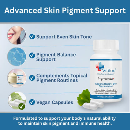 Vitilox Pigmenta+ Advanced, Skin Tone Support Supplement – 60 Tablets | 2 Months | Natural Vitiligo Skin Pigmentation Support | Reduce White Body Spots - dailyvitalstore