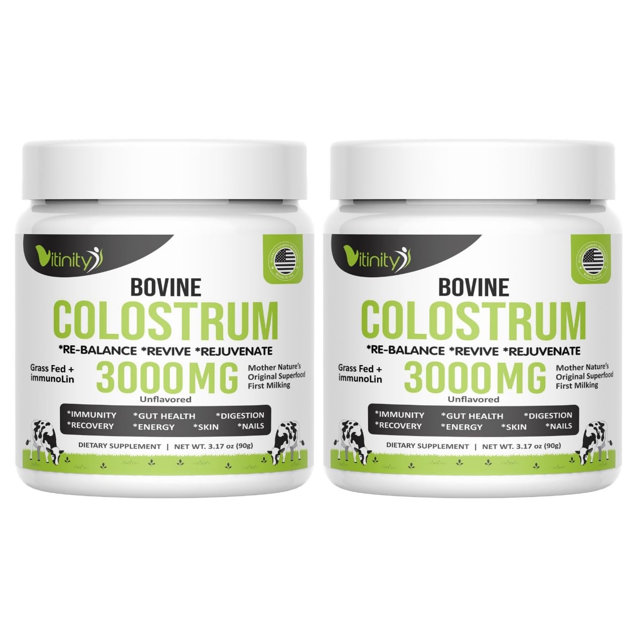 VITINITY Grass Fed Bovine Colostrum Powder for Humans 3000 mg - Natural IgG Colostrum Supplement Gut Health, Immune Support, Muscle Recovery, Wellness | Pure Colostrum Superfood,Unflavored 2 Pack - dailyvitalstore