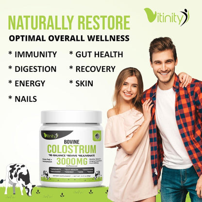 VITINITY Grass Fed Bovine Colostrum Powder for Humans 3000 mg - Natural IgG Colostrum Supplement Gut Health, Immune Support, Muscle Recovery, Wellness | Pure Colostrum Superfood,Unflavored 2 Pack - dailyvitalstore