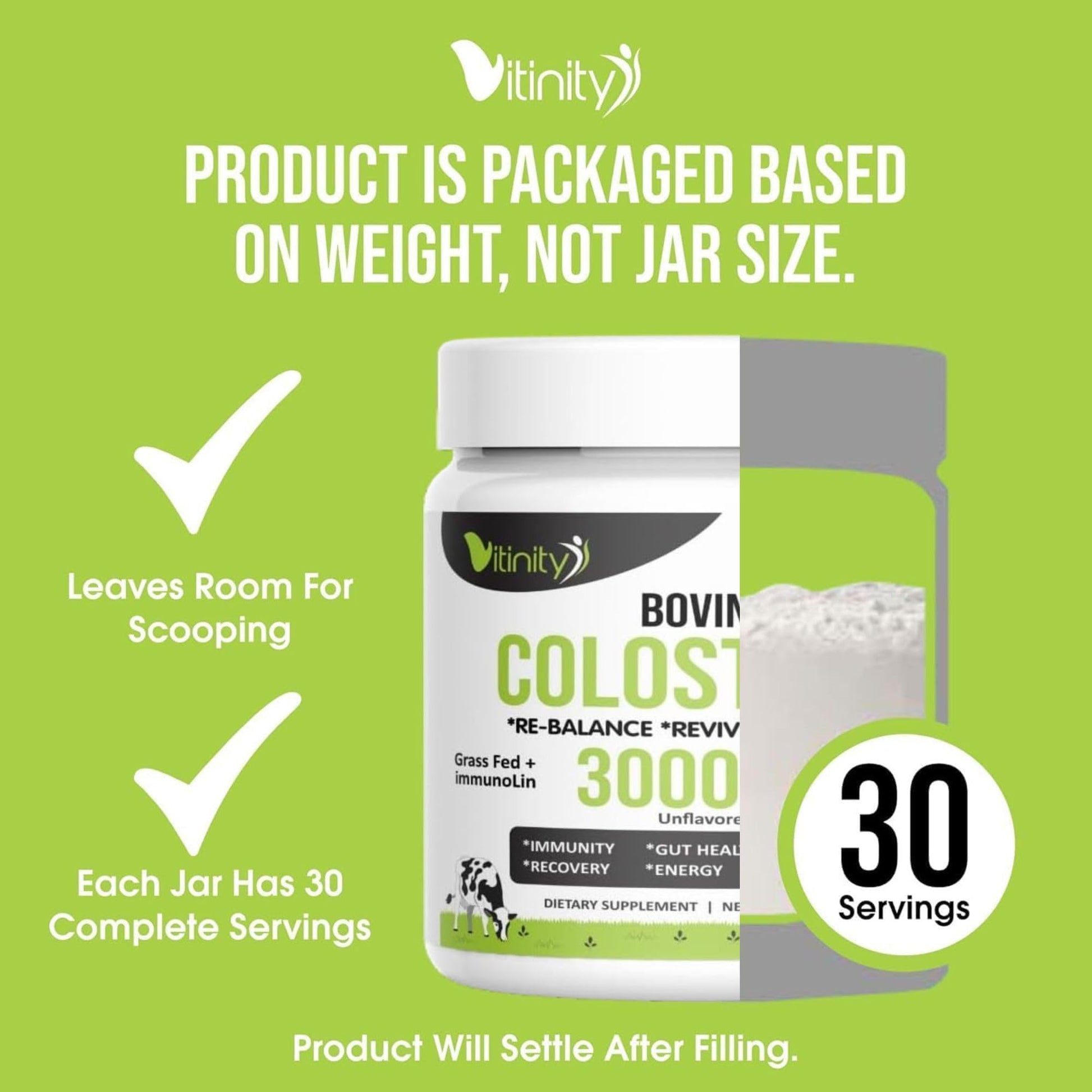 VITINITY Grass Fed Bovine Colostrum Powder for Humans 3000 mg - Natural IgG Colostrum Supplement Gut Health, Immune Support, Muscle Recovery, Wellness | Pure Colostrum Superfood,Unflavored 2 Pack - dailyvitalstore