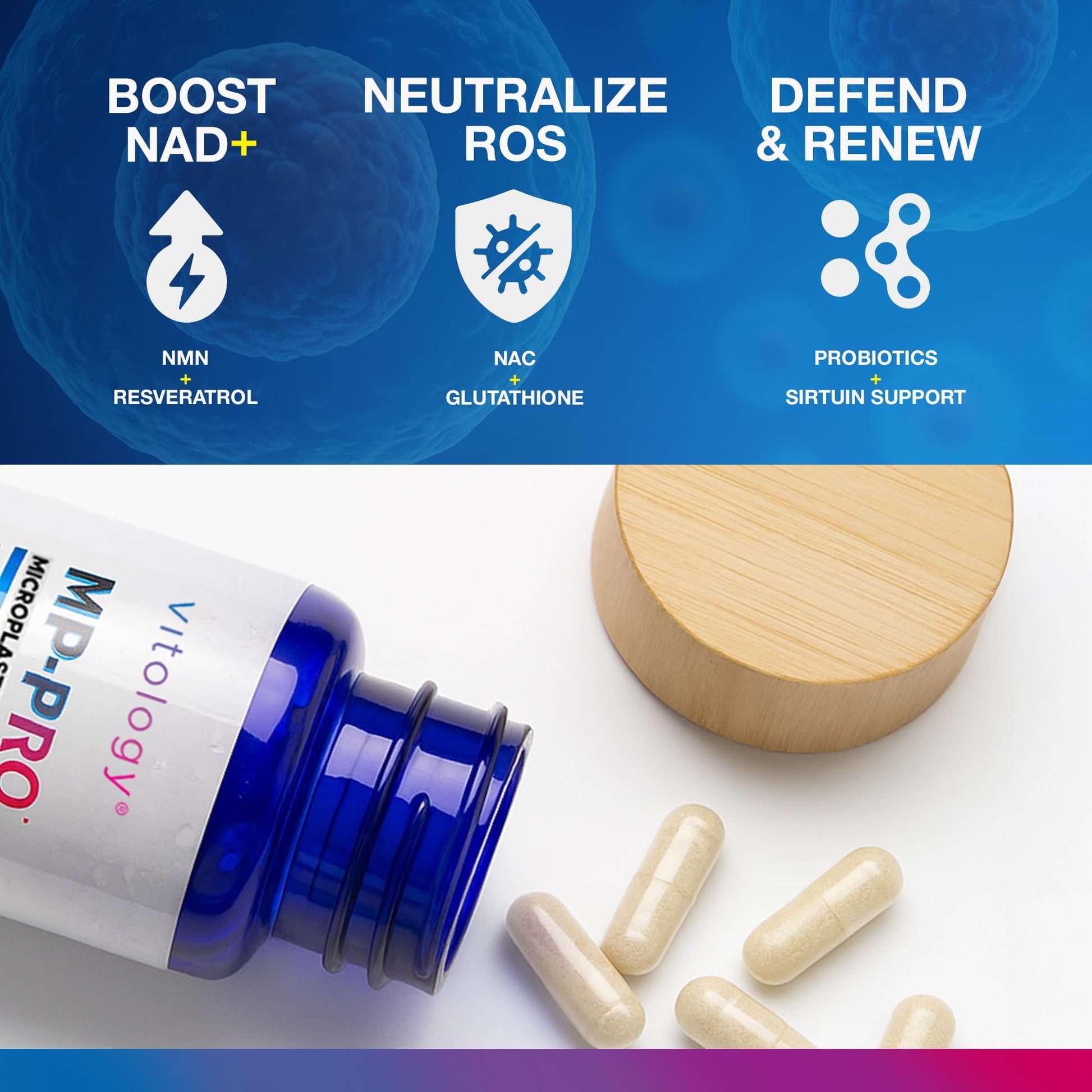 Vitology MP-PRO Microplastics Defense | 15 Billion CFU Probiotic + Antioxidant Blend | NMN, NAC, Glutathione, Resveratrol & Charcoal | Supports Cellular Detox, Longevity & Gut Health – 60 Capsules - dailyvitalstore