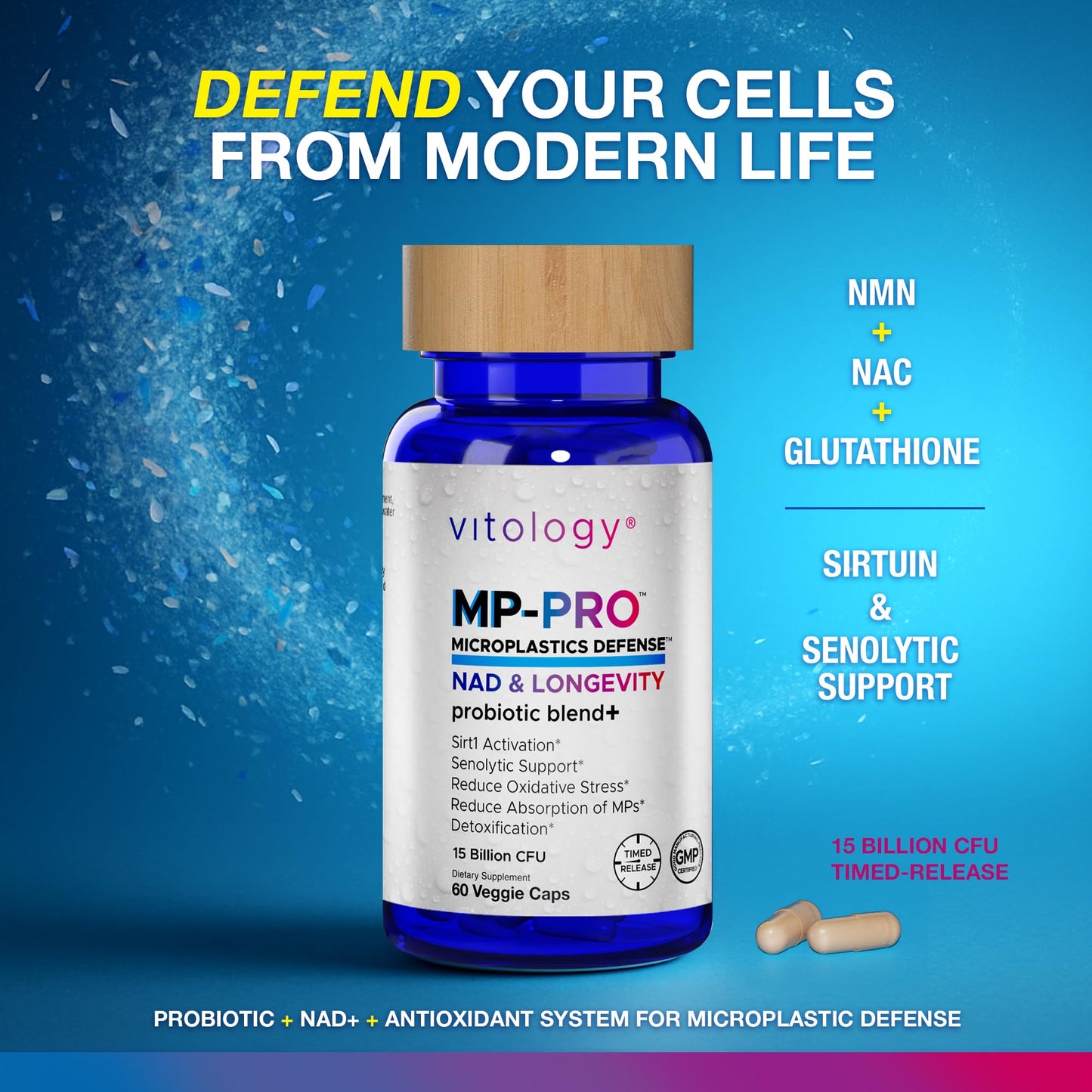 Vitology MP-PRO Microplastics Defense | 15 Billion CFU Probiotic + Antioxidant Blend | NMN, NAC, Glutathione, Resveratrol & Charcoal | Supports Cellular Detox, Longevity & Gut Health – 60 Capsules - dailyvitalstore