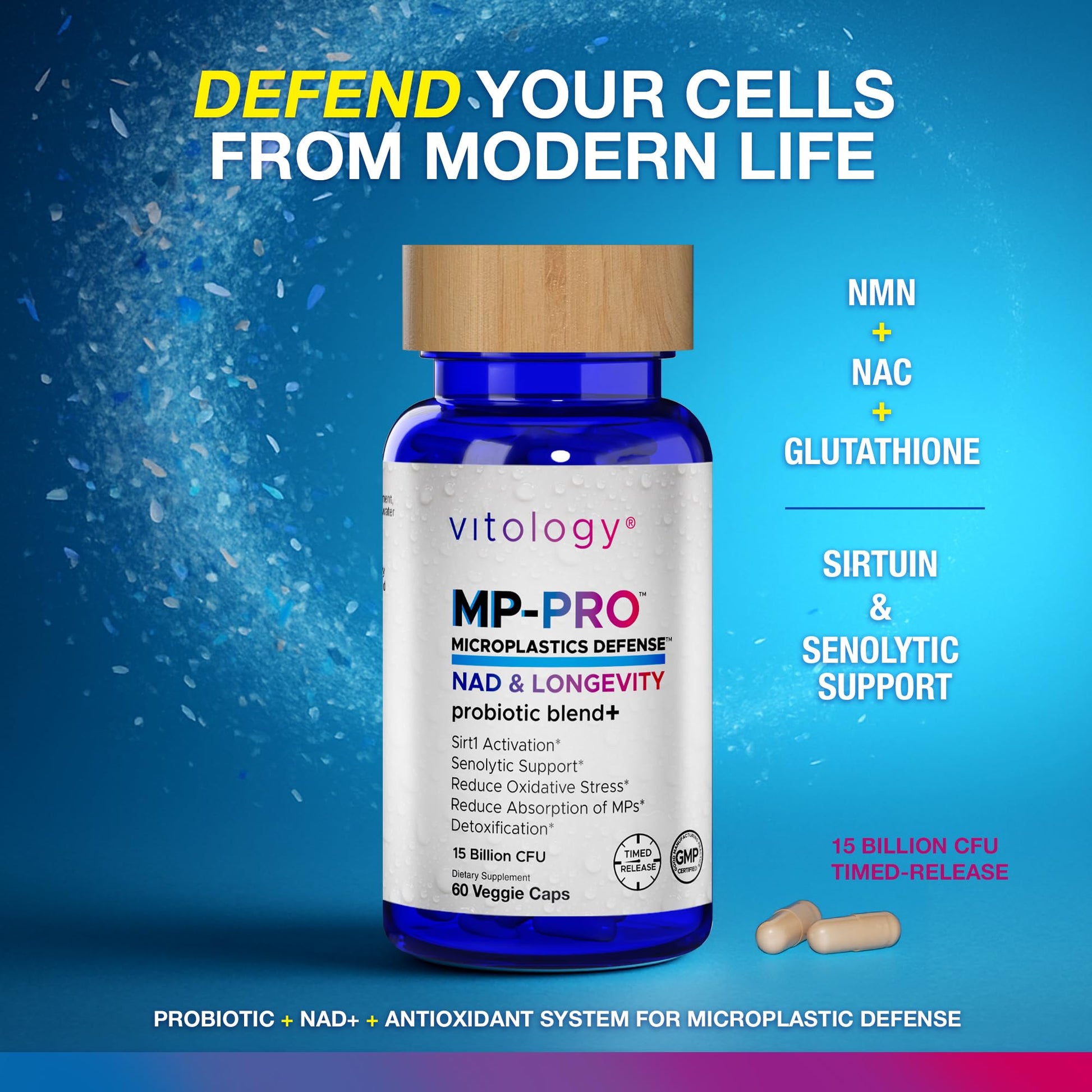 Vitology MP-PRO Microplastics Defense | 15 Billion CFU Probiotic + Antioxidant Blend | NMN, NAC, Glutathione, Resveratrol & Charcoal | Supports Cellular Detox, Longevity & Gut Health – 60 Capsules - dailyvitalstore