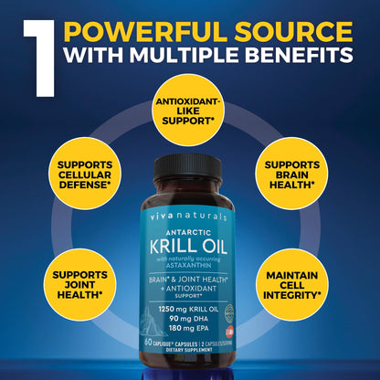 Viva Naturals Antarctic Krill Oil Omega 3 Supplements 1250 mg - DHA EPA Omega-3 & Astaxanthin Concentration for Joint Health, - dailyvitalstore
