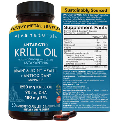 Viva Naturals Antarctic Krill Oil Omega 3 Supplements 1250 mg - DHA EPA Omega-3 & Astaxanthin Concentration for Joint Health, - dailyvitalstore