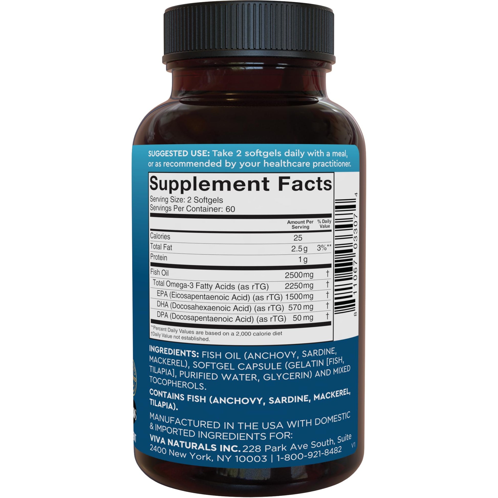Viva Naturals Omega 3 Fish Oil Supplement for Women and Men - 2500 mg Triple Strength Fish Oil per Serving with Omega 3 Fatty Acids Including EPA, DHA DPA - dailyvitalstore