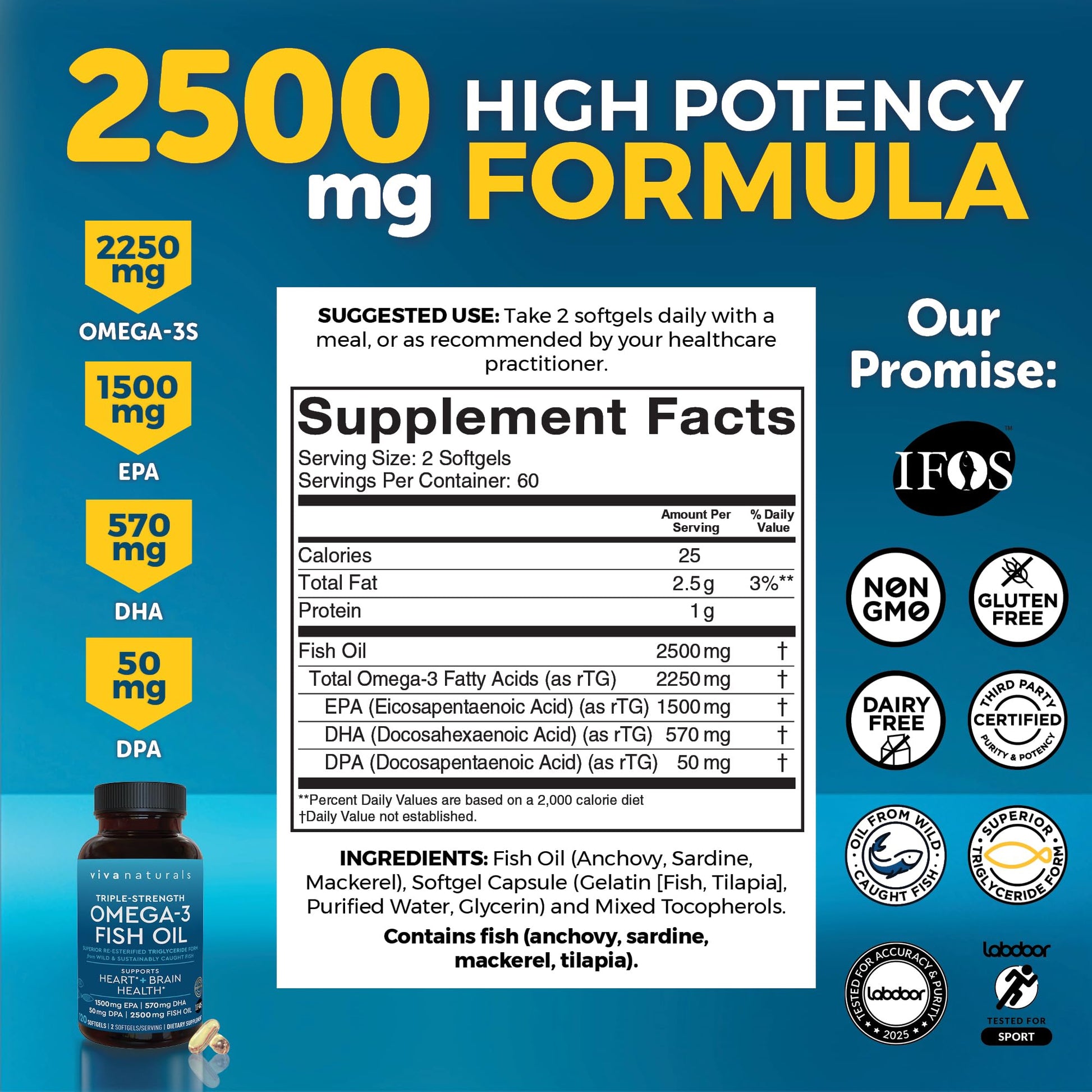Viva Naturals Omega 3 Fish Oil Supplement for Women and Men - 2500 mg Triple Strength Fish Oil per Serving with Omega 3 Fatty Acids Including EPA, DHA DPA - dailyvitalstore