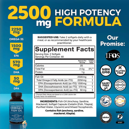 Viva Naturals Omega 3 Fish Oil Supplement for Women and Men - 2500 mg Triple Strength Fish Oil per Serving with Omega 3 Fatty Acids Including EPA, DHA DPA - dailyvitalstore