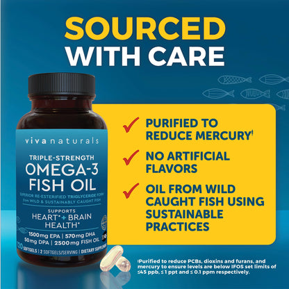 Viva Naturals Omega 3 Fish Oil Supplement for Women and Men - 2500 mg Triple Strength Fish Oil per Serving with Omega 3 Fatty Acids Including EPA, DHA DPA - dailyvitalstore