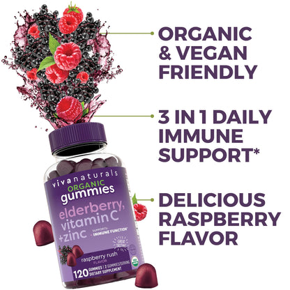 Viva Naturals Sambucus Elderberry Gummies for Adults - 150mg Black Elderberry Vitamin C and Zinc, 3-in-1 Daily Immune Support Gummies, Raspberry Rush Flavor - dailyvitalstore
