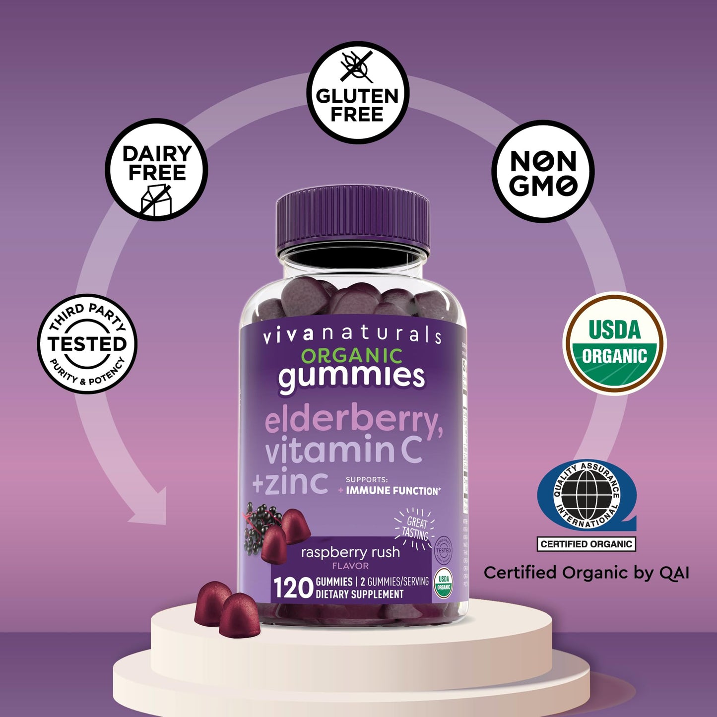 Viva Naturals Sambucus Elderberry Gummies for Adults - 150mg Black Elderberry Vitamin C and Zinc, 3-in-1 Daily Immune Support Gummies, Raspberry Rush Flavor - dailyvitalstore