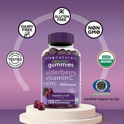 Viva Naturals Sambucus Elderberry Gummies for Adults - 150mg Black Elderberry Vitamin C and Zinc, 3-in-1 Daily Immune Support Gummies, Raspberry Rush Flavor - dailyvitalstore
