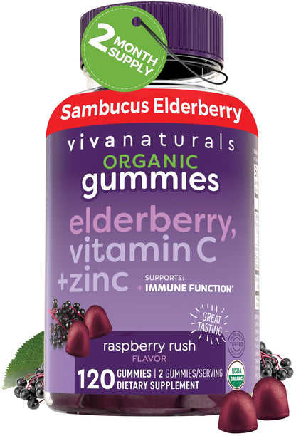 Viva Naturals Sambucus Elderberry Gummies for Adults - 150mg Black Elderberry Vitamin C and Zinc, 3-in-1 Daily Immune Support Gummies, Raspberry Rush Flavor - dailyvitalstore
