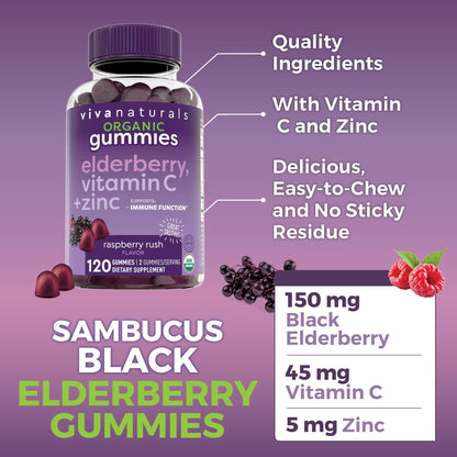 Viva Naturals Sambucus Elderberry Gummies for Adults - 150mg Black Elderberry Vitamin C and Zinc, 3-in-1 Daily Immune Support Gummies, Raspberry Rush Flavor - dailyvitalstore