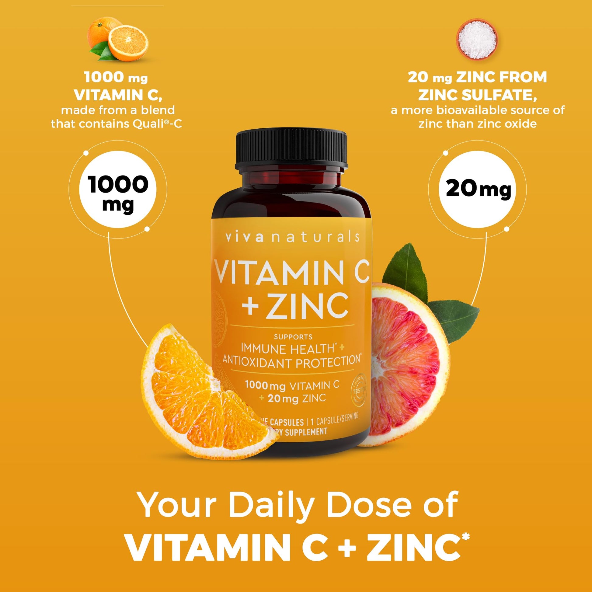 Viva Naturals Vitamin C and Zinc Supplement (250 Capsules) - 1000 mg Vitamin C with Zinc 20 mg Antioxidant Supplements for Immune Support, Vitamin Supplement for Adults - dailyvitalstore