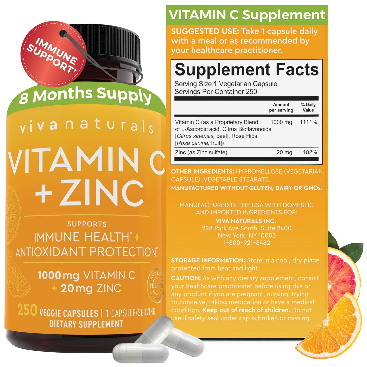 Viva Naturals Vitamin C and Zinc Supplement (250 Capsules) - 1000 mg Vitamin C with Zinc 20 mg Antioxidant Supplements for Immune Support, Vitamin Supplement for Adults - dailyvitalstore