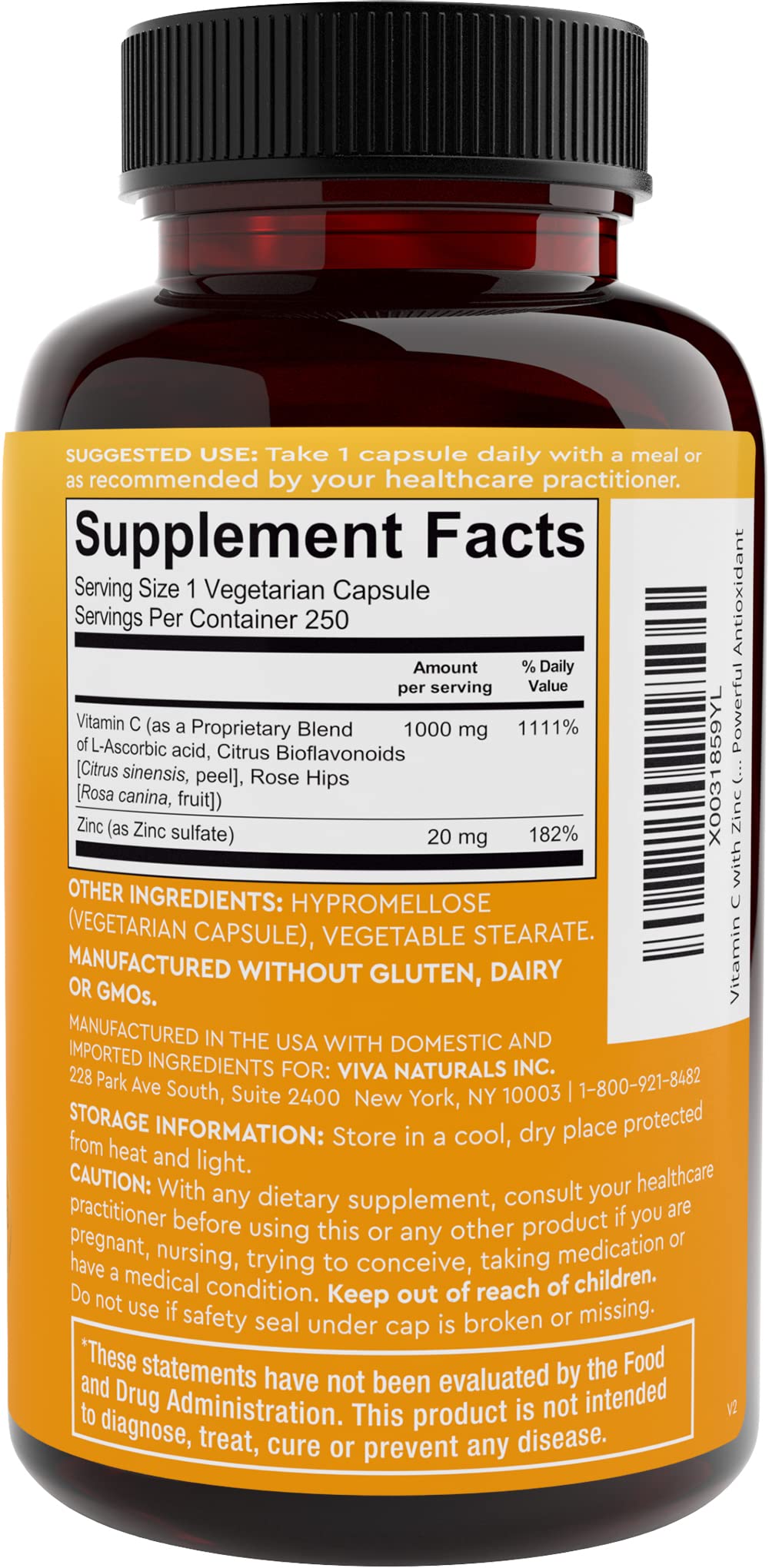 Viva Naturals Vitamin C and Zinc Supplement (250 Capsules) - 1000 mg Vitamin C with Zinc 20 mg Antioxidant Supplements for Immune Support, Vitamin Supplement for Adults - dailyvitalstore