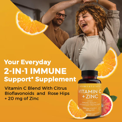 Viva Naturals Vitamin C and Zinc Supplement (250 Capsules) - 1000 mg Vitamin C with Zinc 20 mg Antioxidant Supplements for Immune Support, Vitamin Supplement for Adults - dailyvitalstore