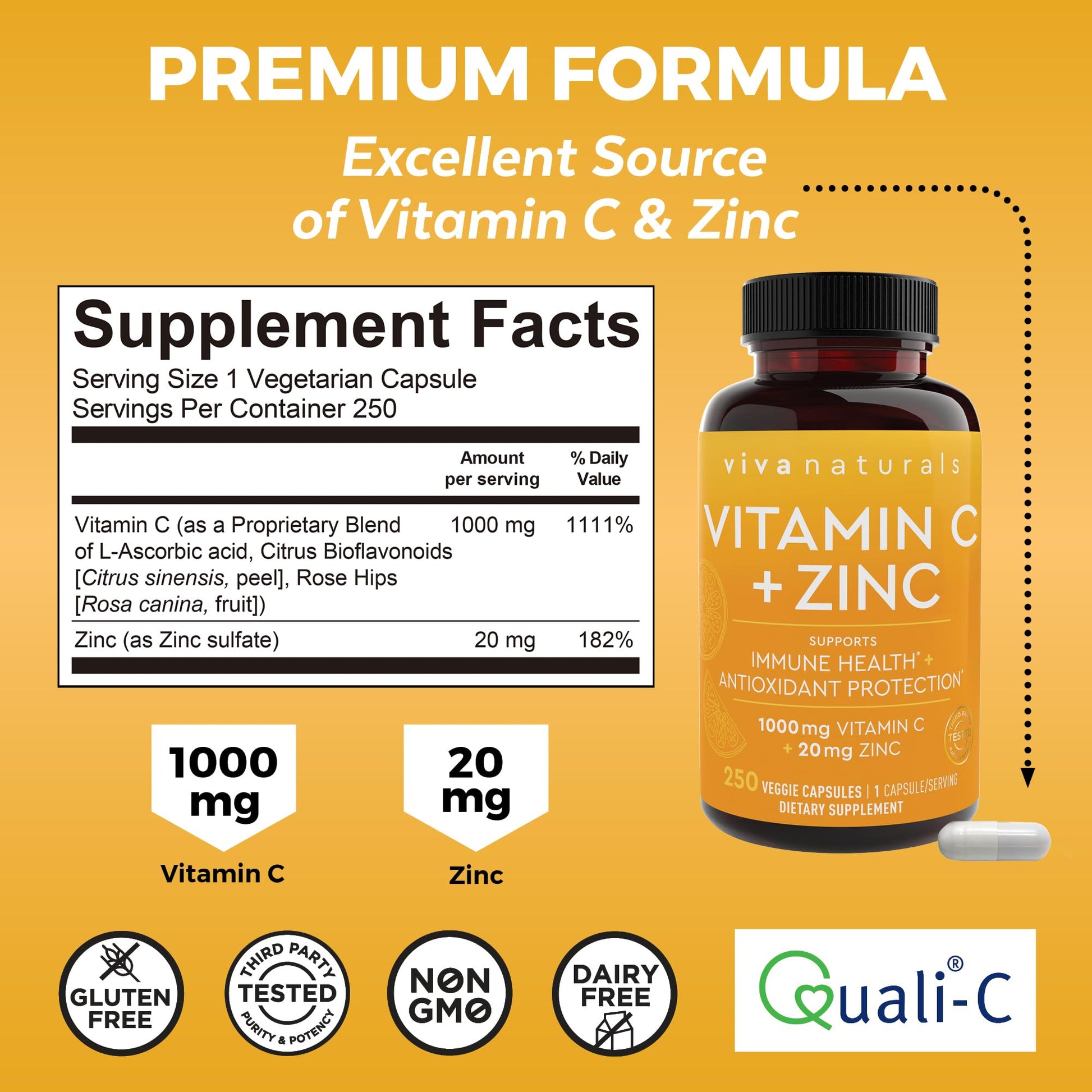 Viva Naturals Vitamin C and Zinc Supplement (250 Capsules) - 1000 mg Vitamin C with Zinc 20 mg Antioxidant Supplements for Immune Support, Vitamin Supplement for Adults - dailyvitalstore