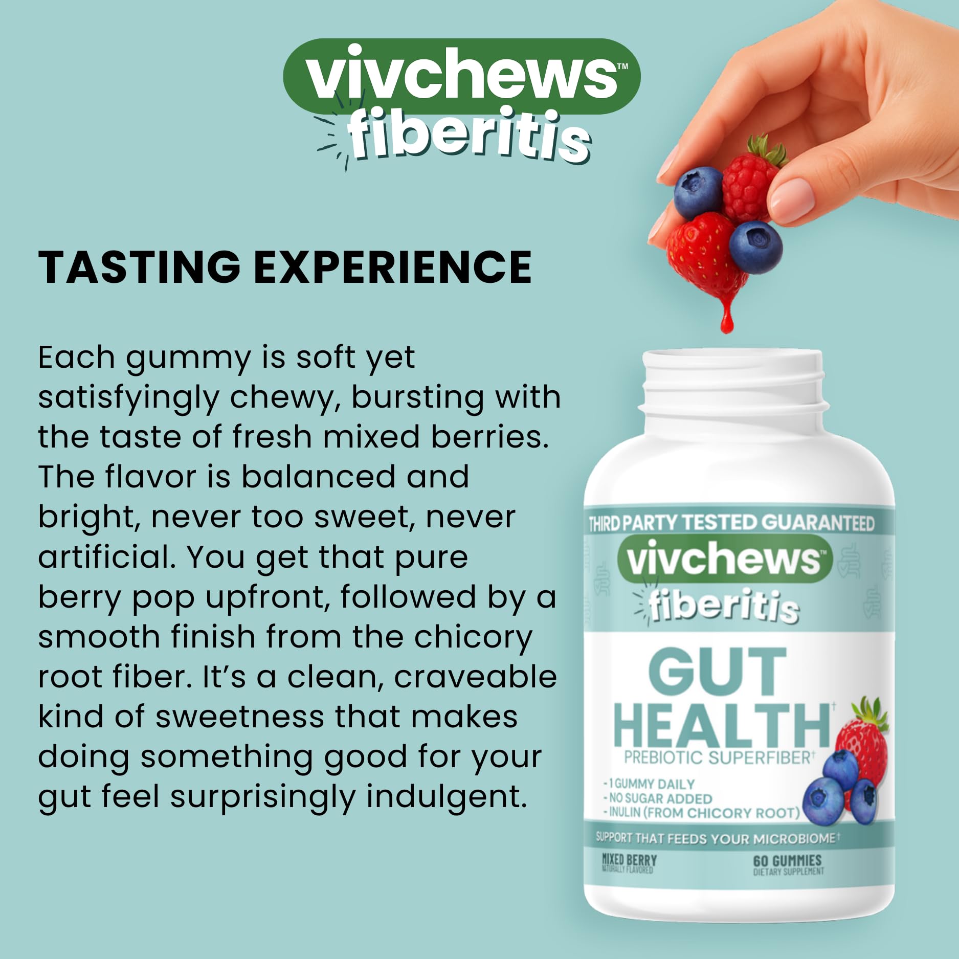 vivchews Gut Health Gummies – Prebiotic Fiber for Bloating Relief, No Sugar Added, Non-GMO, Fruit Pectin Based, Gluten-Free, No Artificial Colors, - dailyvitalstore