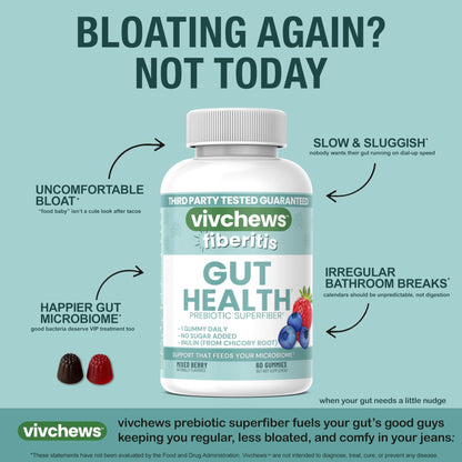 vivchews Gut Health Gummies – Prebiotic Fiber for Bloating Relief, No Sugar Added, Non-GMO, Fruit Pectin Based, Gluten-Free, No Artificial Colors, - dailyvitalstore