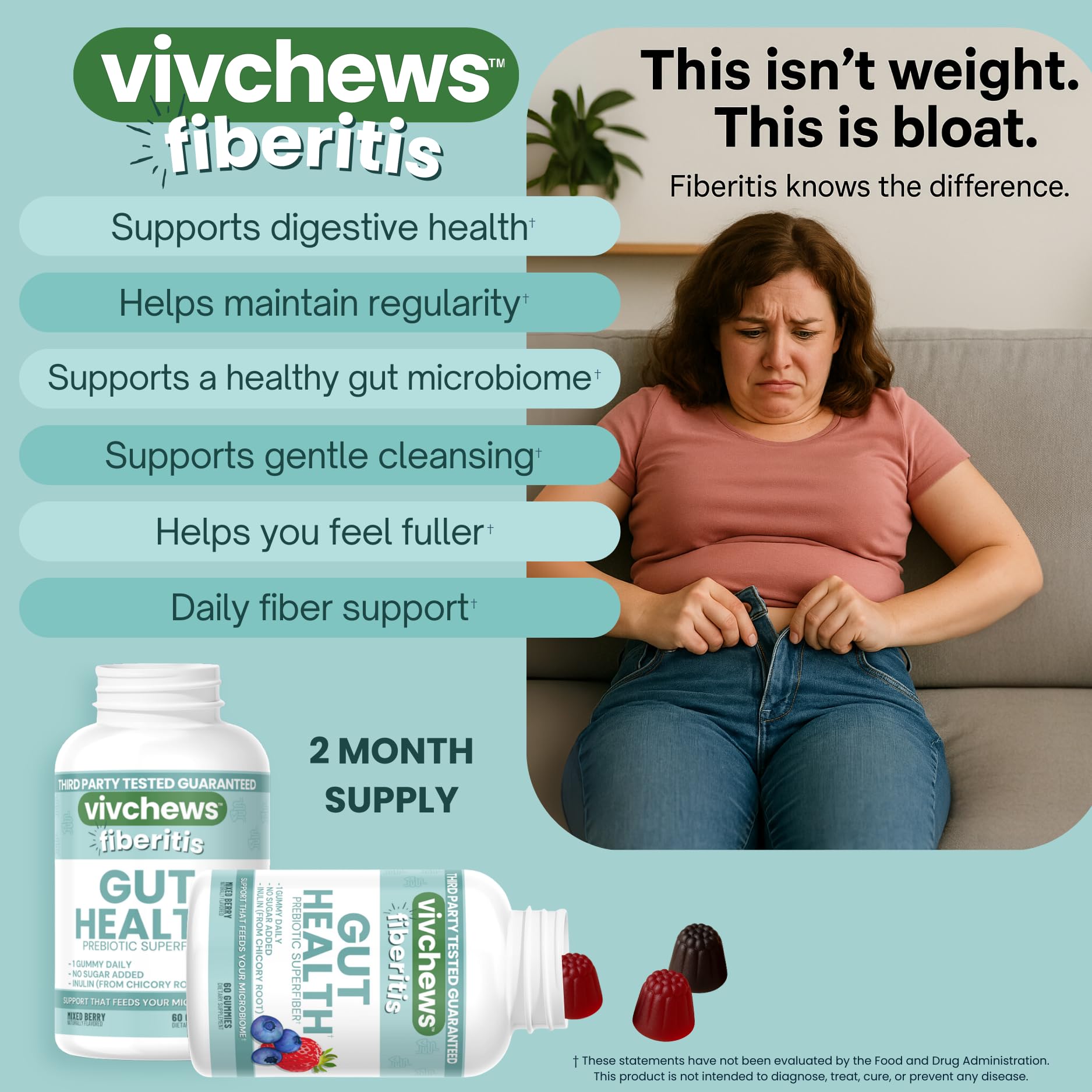 vivchews Gut Health Gummies – Prebiotic Fiber for Bloating Relief, No Sugar Added, Non-GMO, Fruit Pectin Based, Gluten-Free, No Artificial Colors, - dailyvitalstore