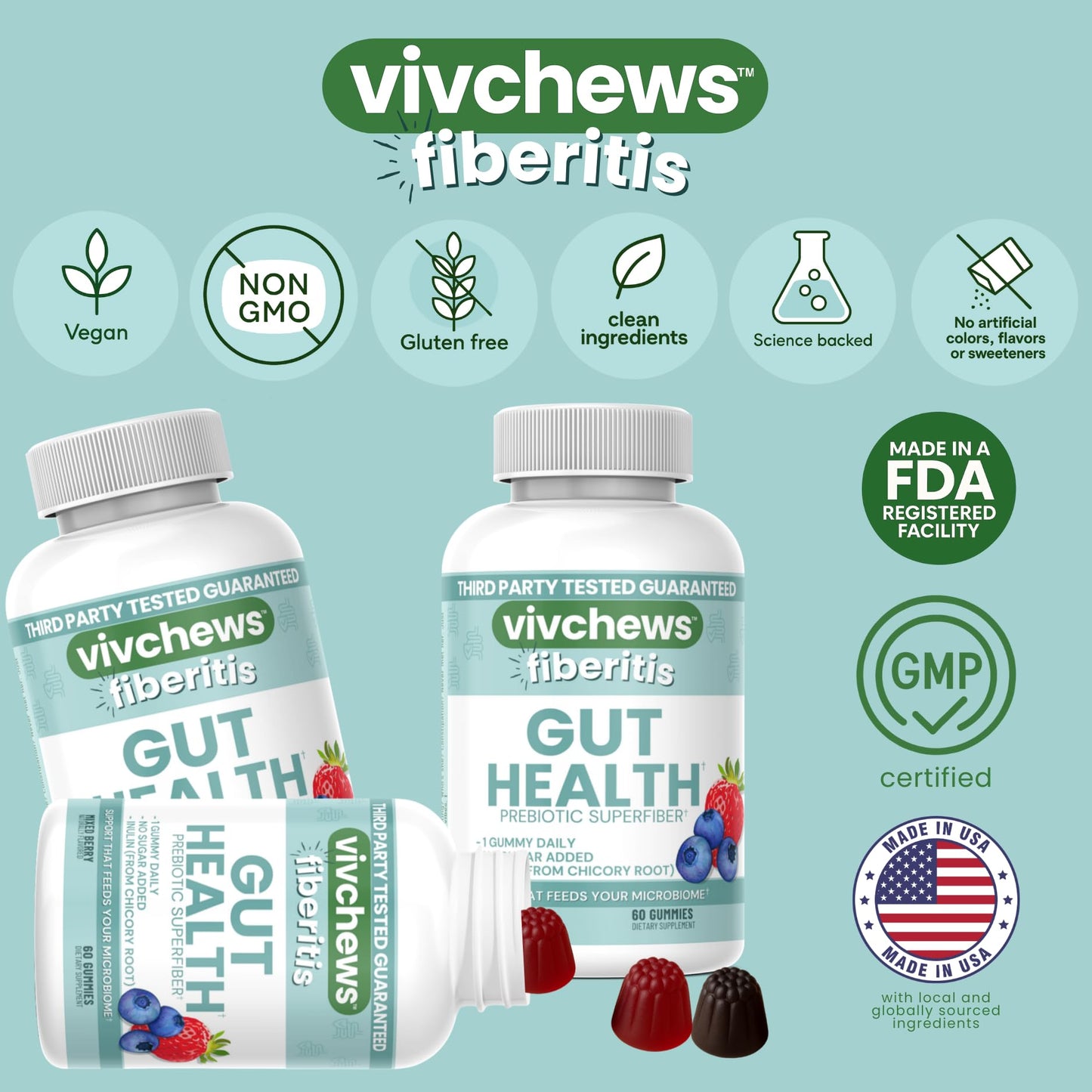 vivchews Gut Health Gummies – Prebiotic Fiber for Bloating Relief, No Sugar Added, Non-GMO, Fruit Pectin Based, Gluten-Free, No Artificial Colors, - dailyvitalstore