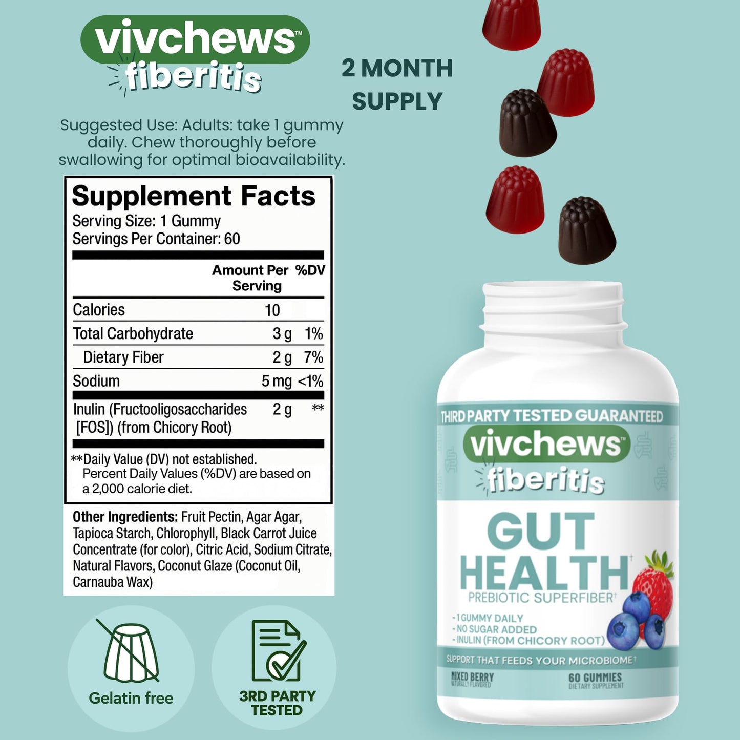 vivchews Gut Health Gummies – Prebiotic Fiber for Bloating Relief, No Sugar Added, Non-GMO, Fruit Pectin Based, Gluten-Free, No Artificial Colors, - dailyvitalstore