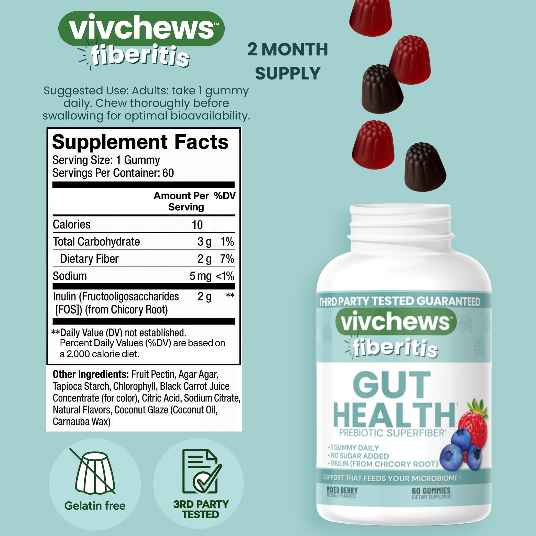 vivchews Gut Health Gummies – Prebiotic Fiber for Bloating Relief, No Sugar Added, Non-GMO, Fruit Pectin Based, Gluten-Free, No Artificial Colors, - dailyvitalstore