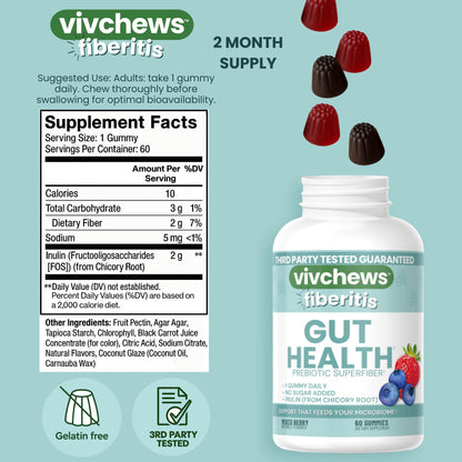 vivchews Gut Health Gummies – Prebiotic Fiber for Bloating Relief, No Sugar Added, Non-GMO, Fruit Pectin Based, Gluten-Free, No Artificial Colors, - dailyvitalstore