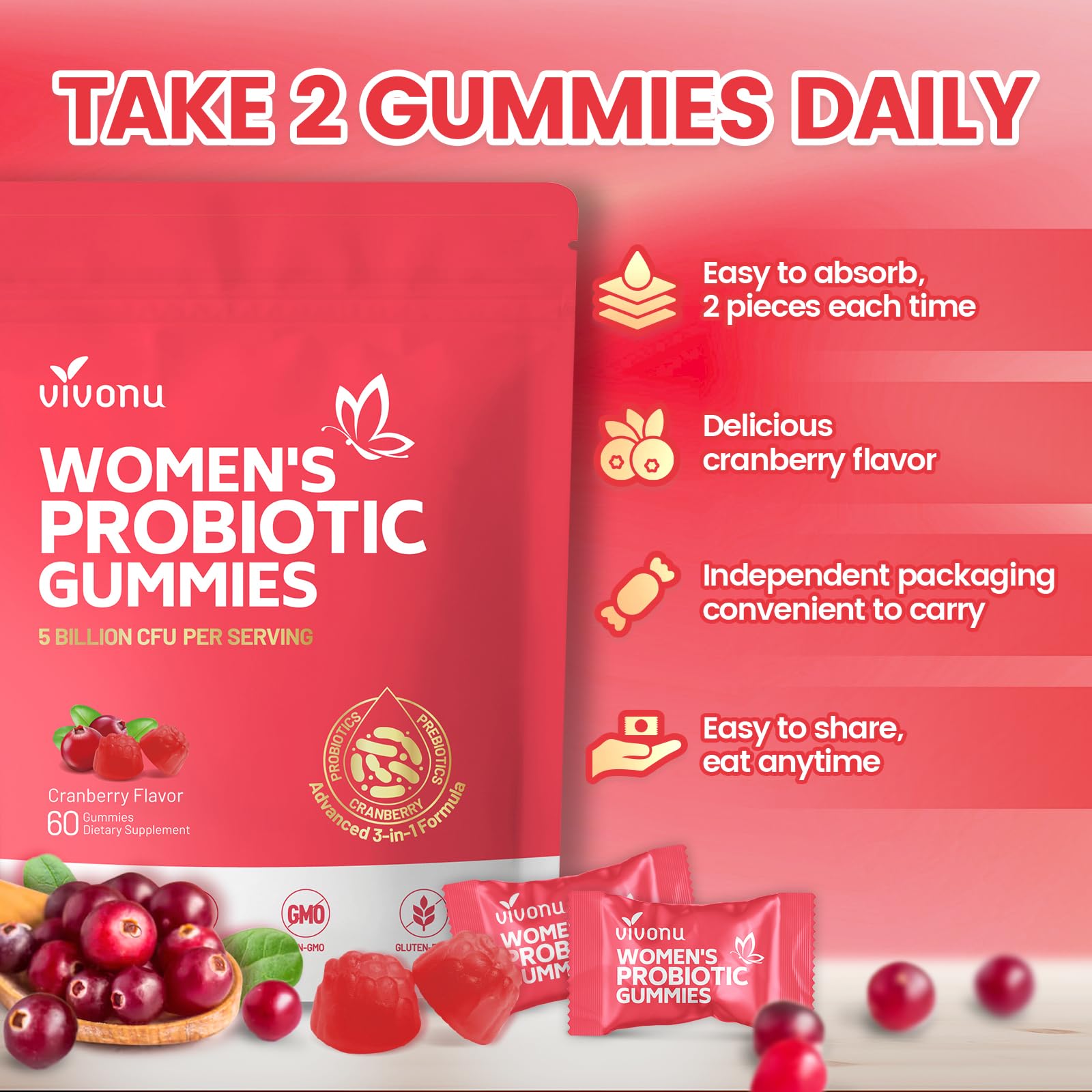 VivoNu Viginal Probiotics for Women, Women Probiotic Gummies, Feminine Balance Gummies, Prebiotic Gummy, Cranberry Probiotics for Woman Vaginigal Health, Yeast Ph Balance| 60 Gummies - dailyvitalstore