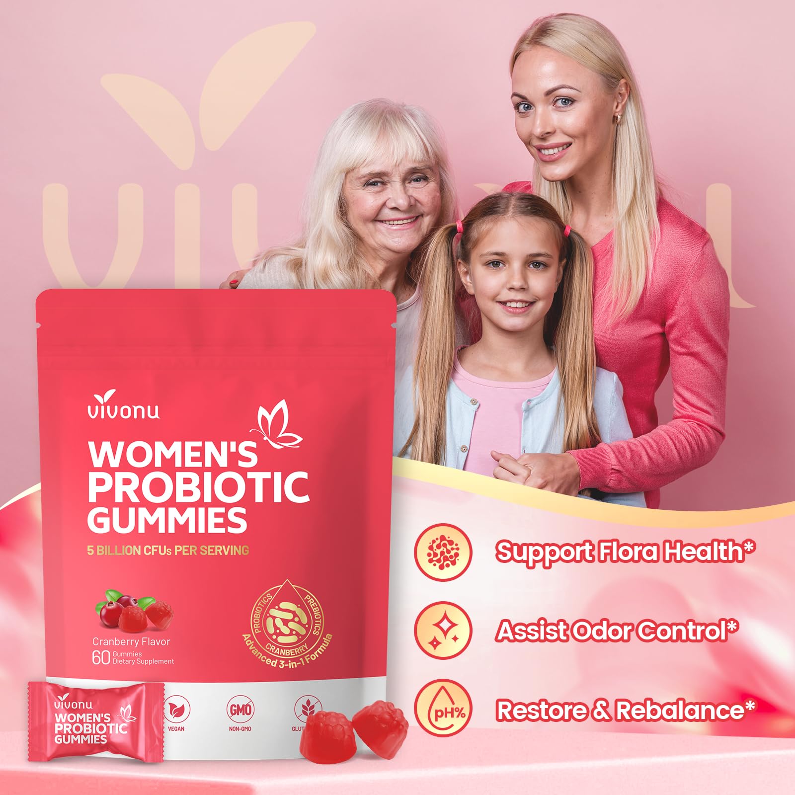 VivoNu Viginal Probiotics for Women, Women Probiotic Gummies, Feminine Balance Gummies, Prebiotic Gummy, Cranberry Probiotics for Woman Vaginigal Health, Yeast Ph Balance| 60 Gummies - dailyvitalstore