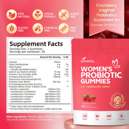 VivoNu Viginal Probiotics for Women, Women Probiotic Gummies, Feminine Balance Gummies, Prebiotic Gummy, Cranberry Probiotics for Woman Vaginigal Health, Yeast Ph Balance| 60 Gummies - dailyvitalstore