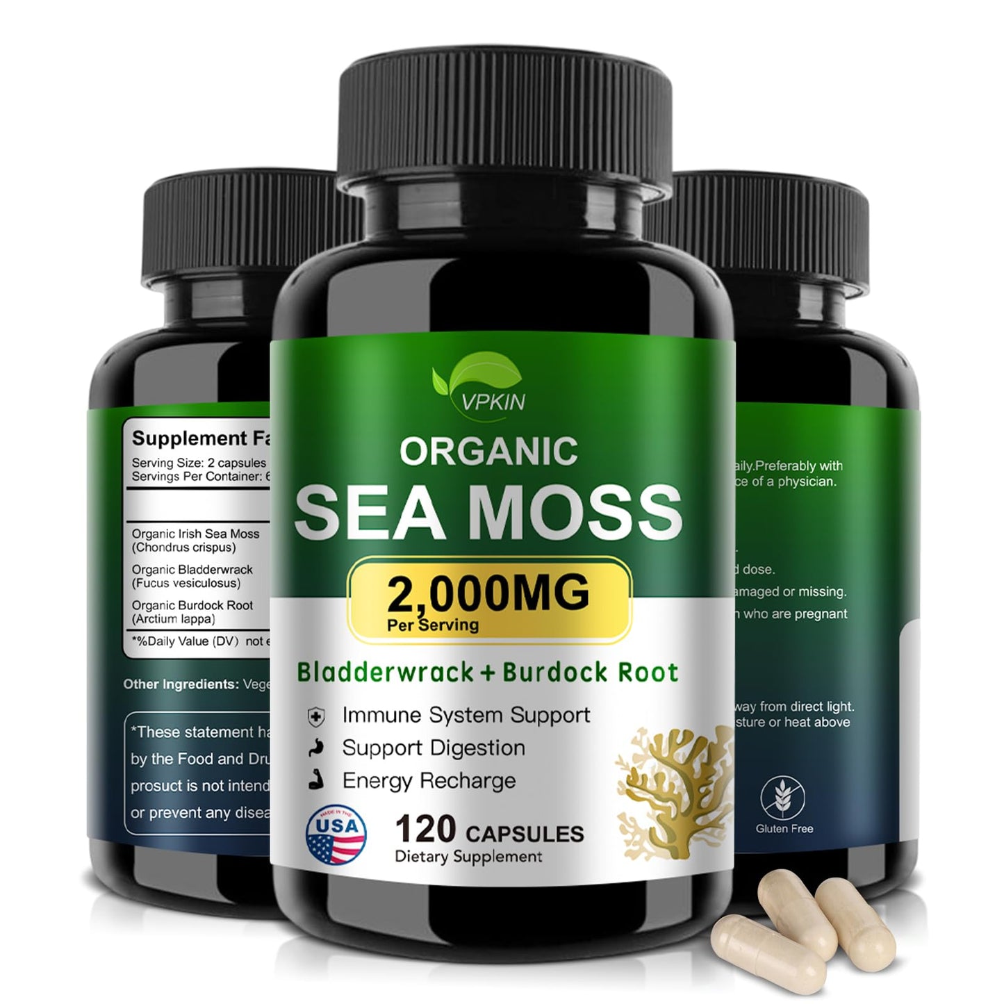 VPKIN Organic Sea Moss Capsules with Bladderwrack,Burdock Root and Black Pepper Extract-Irish SeaMoss Pills 2000mg-Promotes Immune System,Thyroid Support(120 Capsules) - dailyvitalstore