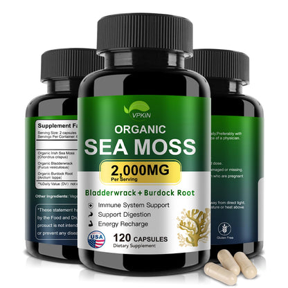 VPKIN Organic Sea Moss Capsules with Bladderwrack,Burdock Root and Black Pepper Extract-Irish SeaMoss Pills 2000mg-Promotes Immune System,Thyroid Support(120 Capsules) - dailyvitalstore