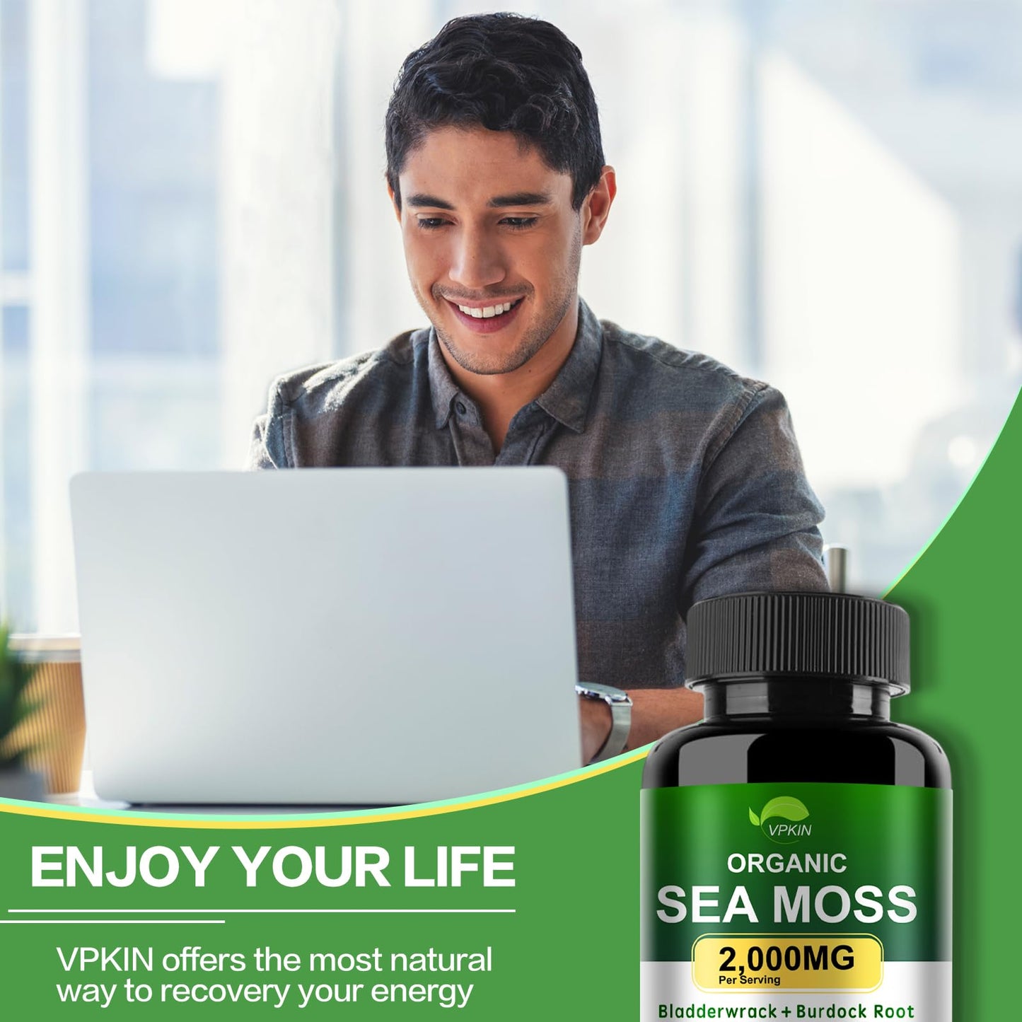 VPKIN Organic Sea Moss Capsules with Bladderwrack,Burdock Root and Black Pepper Extract-Irish SeaMoss Pills 2000mg-Promotes Immune System,Thyroid Support(120 Capsules) - dailyvitalstore