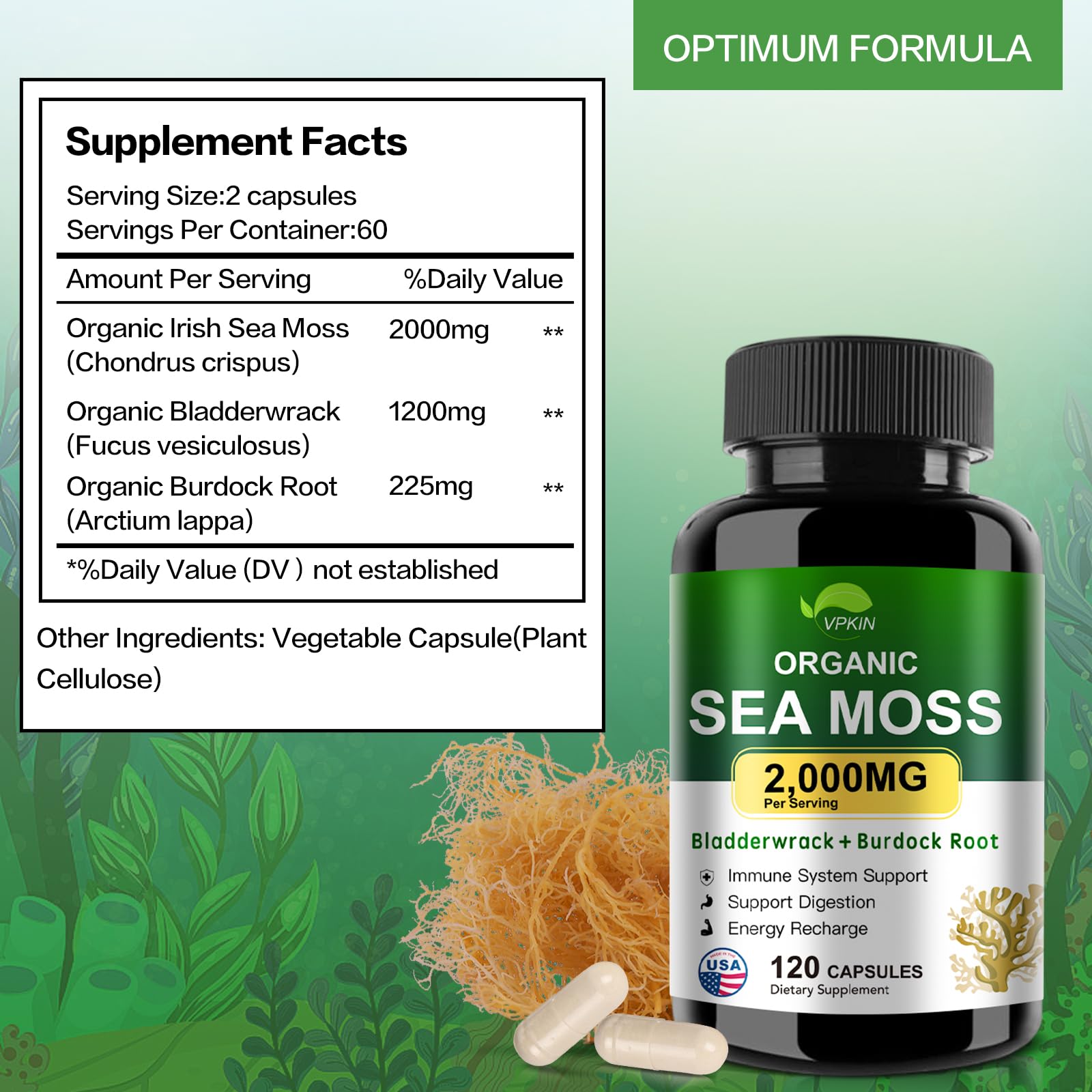 VPKIN Organic Sea Moss Capsules with Bladderwrack,Burdock Root and Black Pepper Extract-Irish SeaMoss Pills 2000mg-Promotes Immune System,Thyroid Support(120 Capsules) - dailyvitalstore