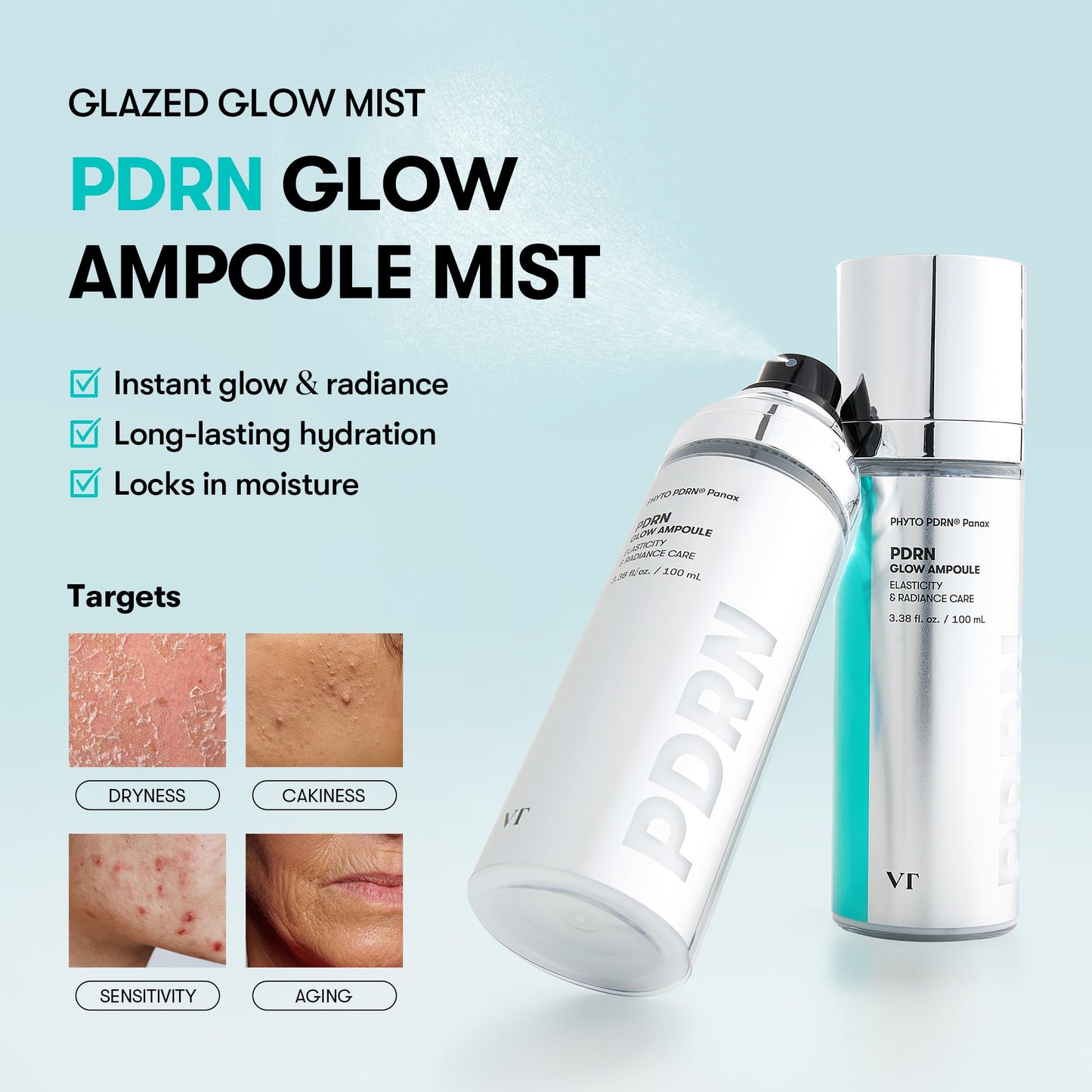 VT COSMETICS PDRN Glow Ampoule, PDRN Facial Mist, Deep Hydration Spray Serum, Vegan Skin Care, Light-weight Face Moisturizer, Plumping Effect, Fragrance-Free, Korean SkinCare (3.38 fl oz / 100 ml) - dailyvitalstore