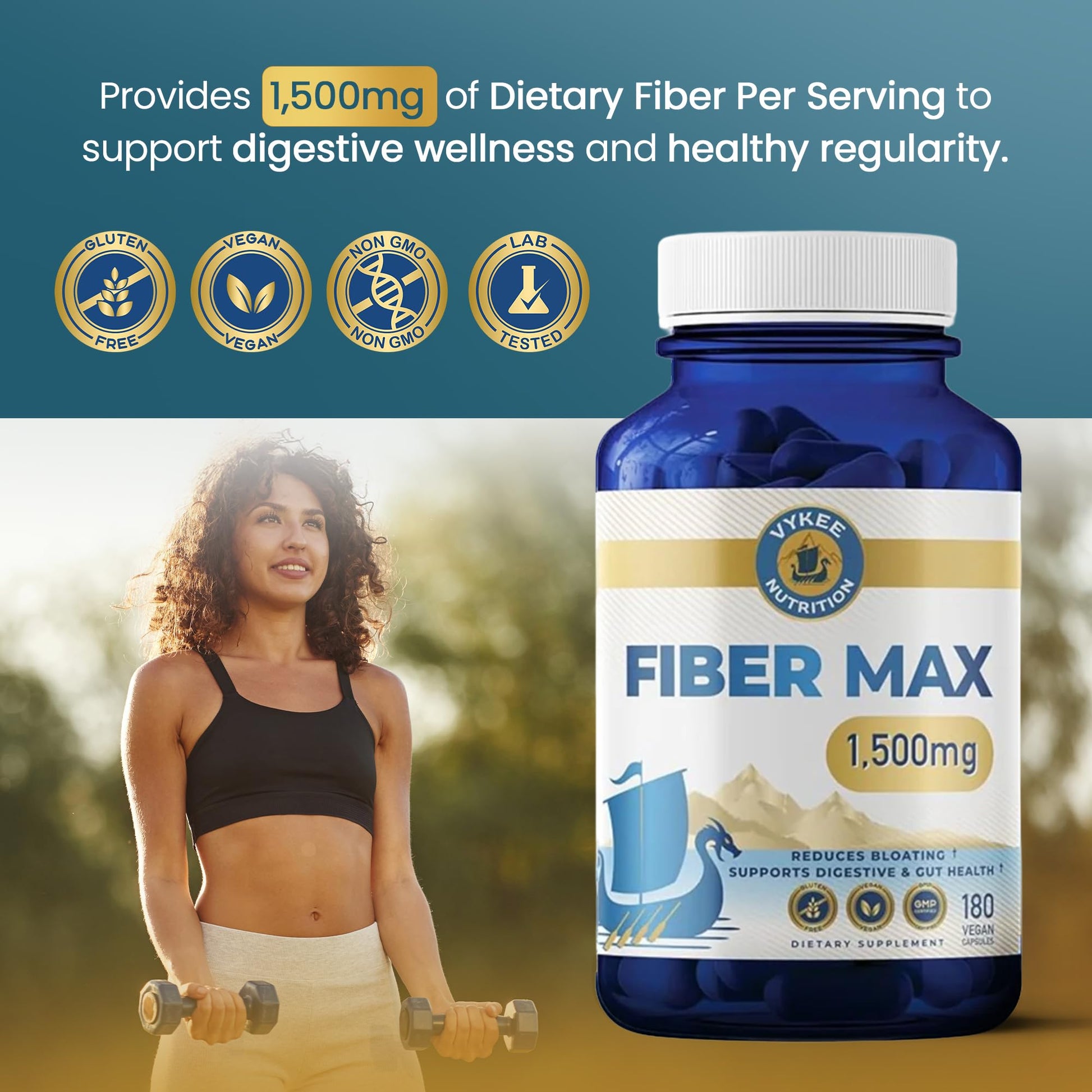 Vykee Nutrition Advanced Fiber Complex – Psyllium Husk, Aloe Vera, Chia & Flax Seed | Vegan, Non-GMO | Supports Digestive Health, Regularity & Gut Wellness | 180 Capsules - dailyvitalstore