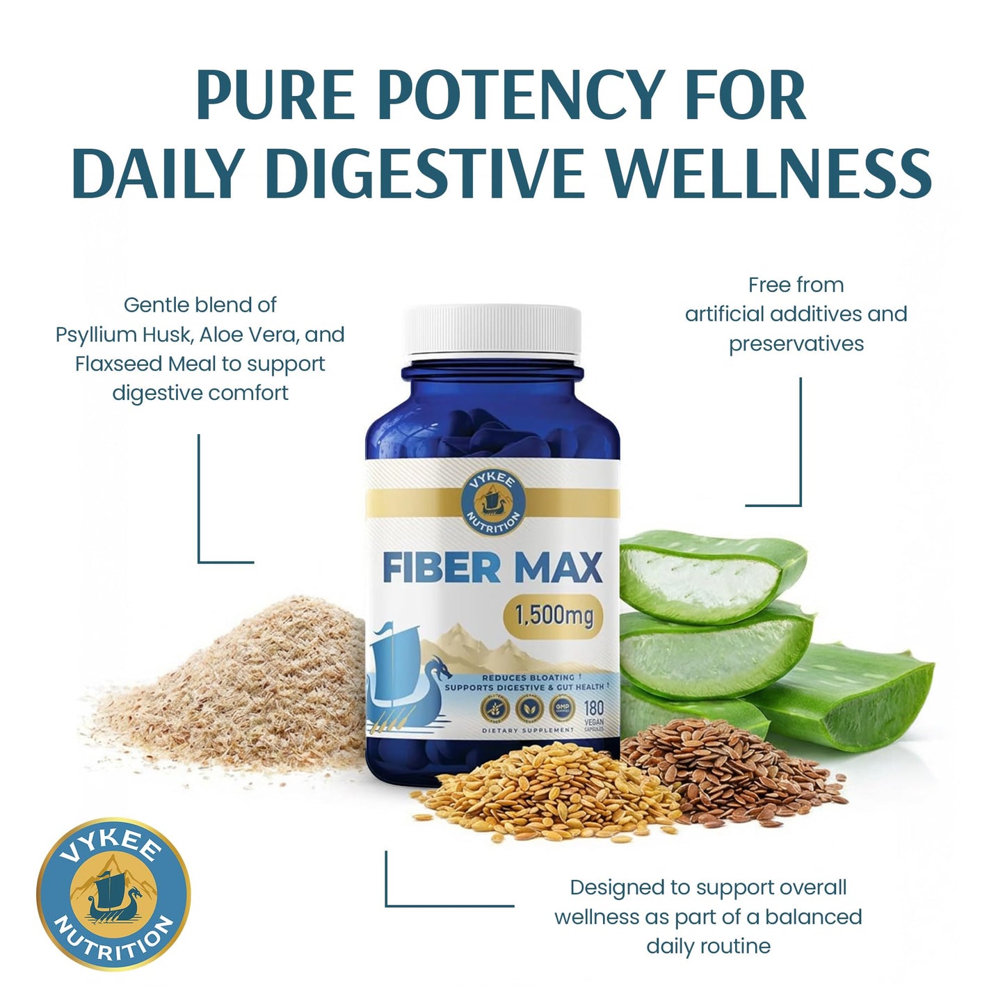 Vykee Nutrition Advanced Fiber Complex – Psyllium Husk, Aloe Vera, Chia & Flax Seed | Vegan, Non-GMO | Supports Digestive Health, Regularity & Gut Wellness | 180 Capsules - dailyvitalstore