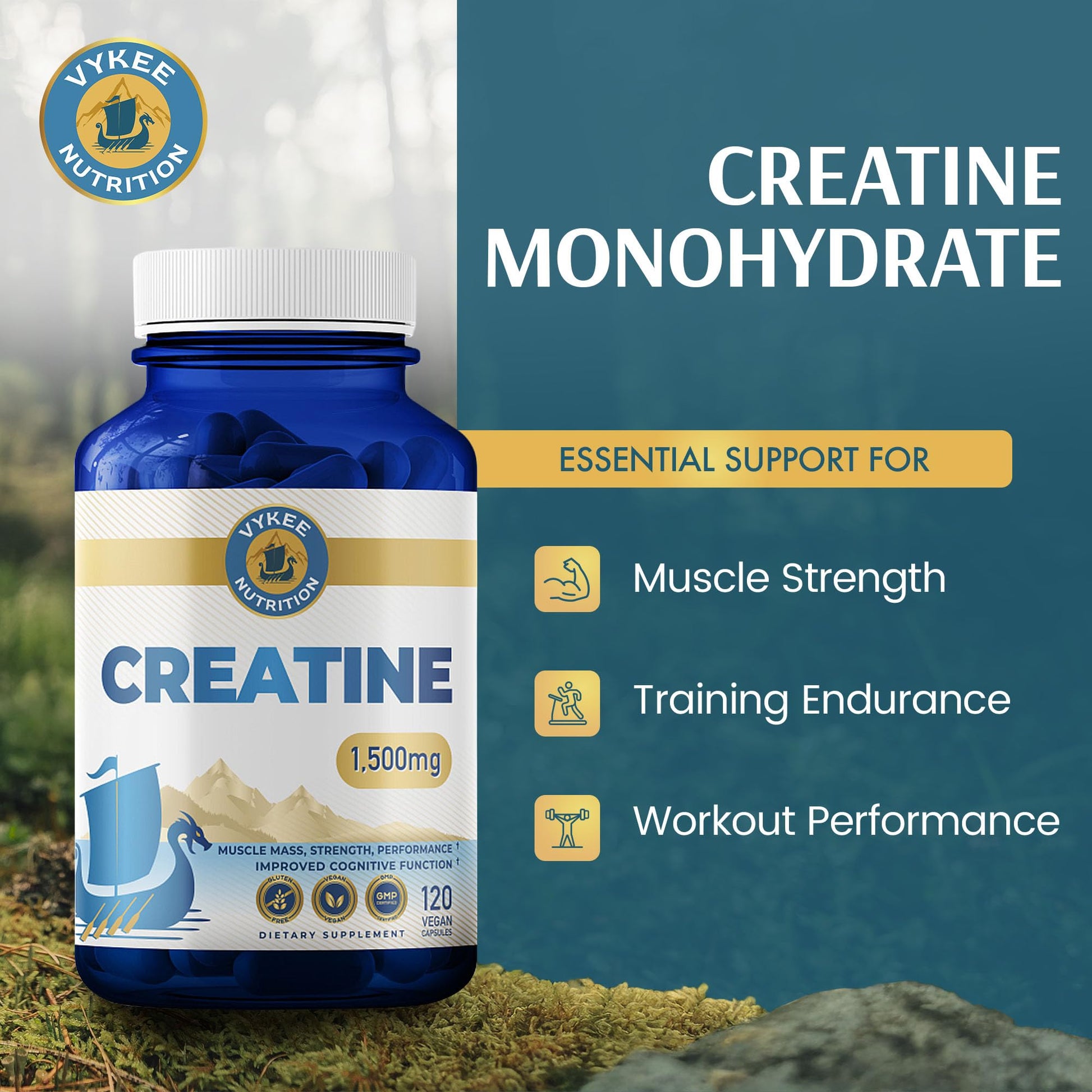 Vykee Nutrition Creatine Monohydrate Capsules 1,500 mg - Daily Creatine Supplement for Muscle Strength Training, Endurance, and Workout Performance Support - dailyvitalstore