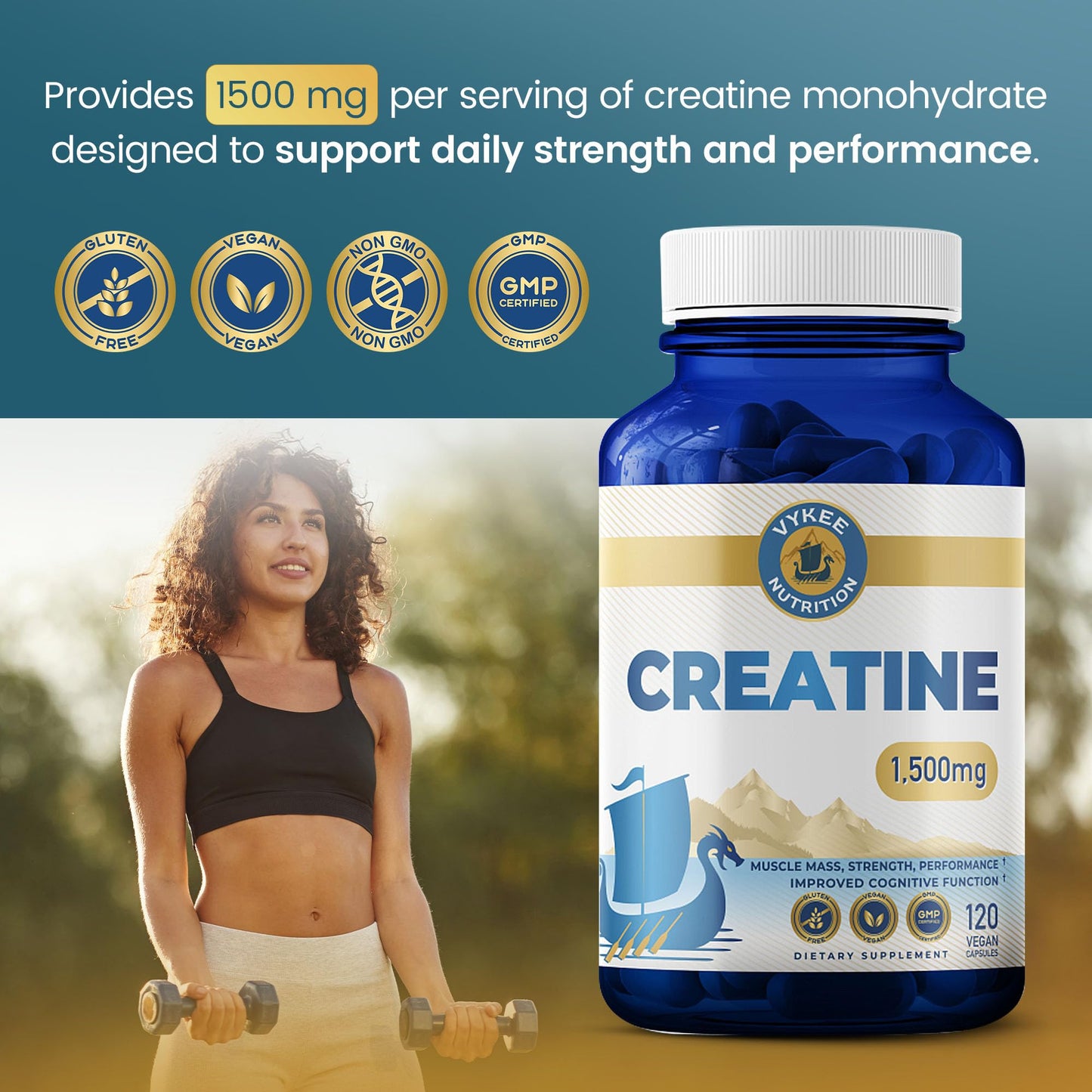 Vykee Nutrition Creatine Monohydrate Capsules 1,500 mg - Daily Creatine Supplement for Muscle Strength Training, Endurance, and Workout Performance Support - dailyvitalstore